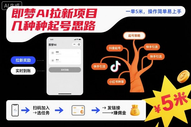 即梦AI拉新项目几种起号思路,一单5米,操作简单易上手-网赚副业网
