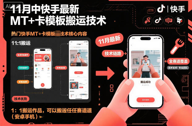 11月中快手最新MT+卡模板搬运技术，1：1搬运作品，可以搬运任何赛道（安卓手机）-网赚副业网