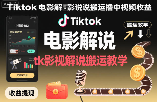 Tiktok电影解说搬运撸中视频收益，tk影视解说搬运教学-网赚副业网