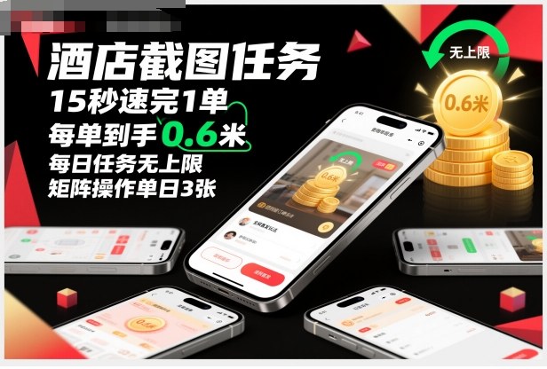 酒店截图任务,15秒速完1单,每单到手0.6米,每日任务无上限,全网首发玩法,矩阵操作单日3张【揭秘】-网赚副业网