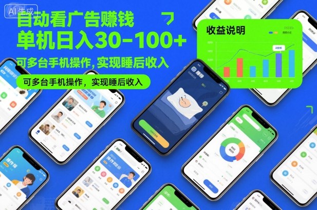 自动看广告賺钱,单机日入30-100+,可多台手机操作,实现睡后收入【揭秘】-网赚副业网