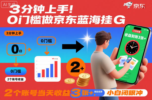 3分钟上手!0门槛做京东蓝海全自动掘金,2个账号当天收益3张+,小白闭眼冲【揭秘】-网赚副业网