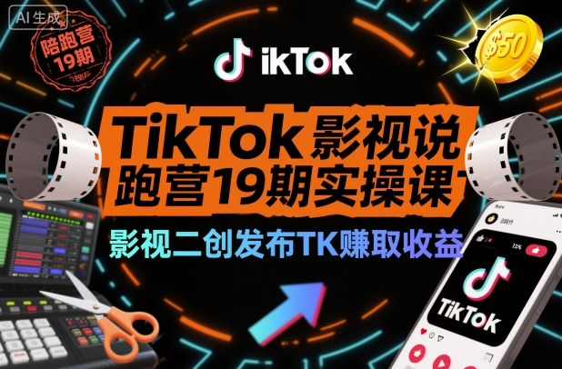 TikTok影视解说陪跑营19期实操课,影视二创发布TK賺取收益,万播收益50美金-网赚副业网