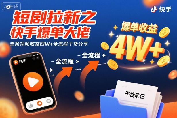 短剧拉新之快手爆单大佬单条视频收益四W+全流程干货分享-网赚副业网