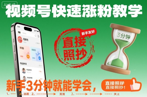 视频号快速涨粉教学，新手3分钟就能学会，直接照抄！-网赚副业网