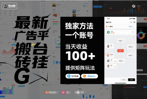 最新广告平台搬砖挂G,独家方法,一个账号,当天收益100+,提供矩阵玩法【揭秘】-网赚副业网
