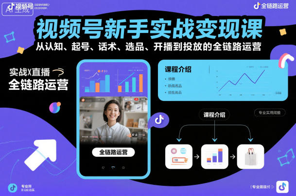 视频号新手实战变现课,从认知、起号、话术、选品、开播到投放的全链路运营-网赚副业网