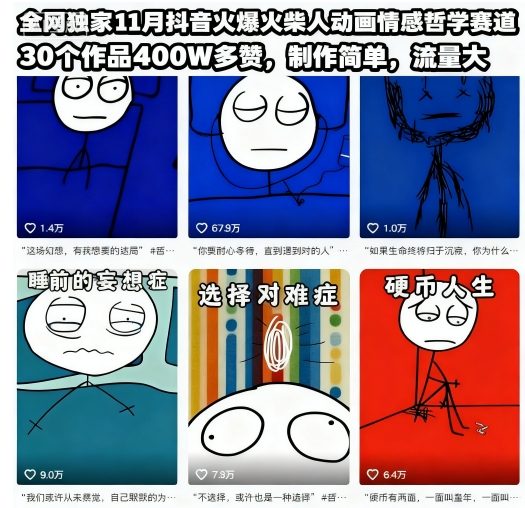 全网独家11月抖音火爆火柴人动画情感哲学赛道,30个作品400W多赞,制作简单,流量大【教学+素材】-网赚副业网