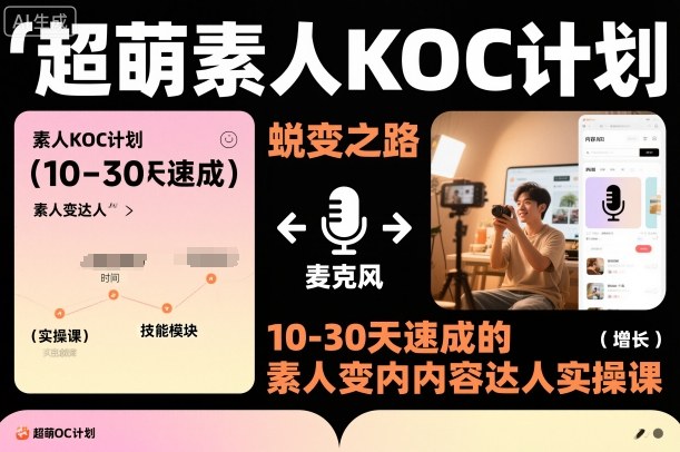 超萌素人KOC计划,10-30天速成的素人变内容达人实操课,适合想做短剧小说推文电商推广的素人入局-网赚副业网