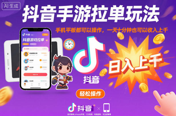 抖音手游拉单玩法,手机平板都可以操作,一天十分钟也可以收入上K【揭秘】-网赚副业网