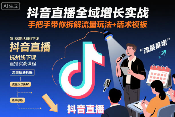 抖音直播全域增长实战第155期杭州线下课,手把手带你拆解流量玩法+话术模板-网赚副业网