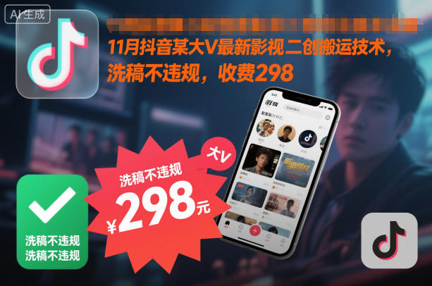 11月抖音某大V最新影视二创搬运技术，洗稿不违规，收费298-网赚副业网