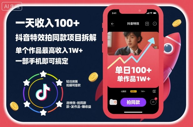 一天收入100+,抖音特效拍同款项目拆解,单个作品最高收入1W+,一部手机即可搞定-网赚副业网