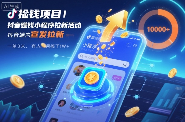 捡钱项目!抖音賺钱小程序拉新活动,抖音端内宣发拉新,一单3米,有人半个月搞了1W+-网赚副业网