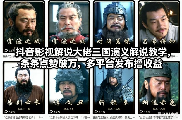 抖音影视解说大佬三国演义解说教学,条条点赞破万,多平台发布撸收益-网赚副业网