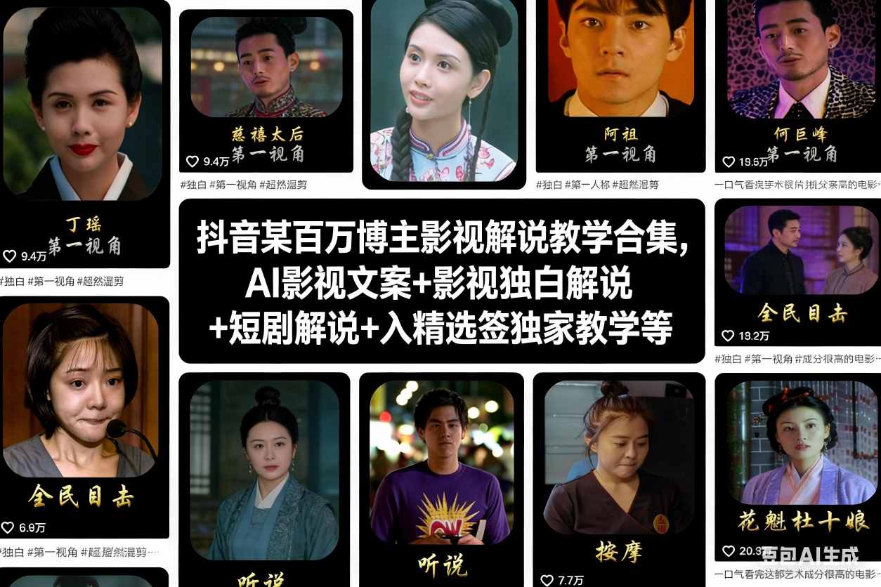 抖音某百万博主影视解说教学合集,AI影视文案+影视独白解说+短剧解说+入精选签独家教学等-网赚副业网