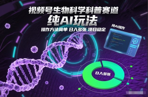 视频号生物科学科普赛道,纯AI玩法,操作方法简单,日入多张,项目稳定-网赚副业网