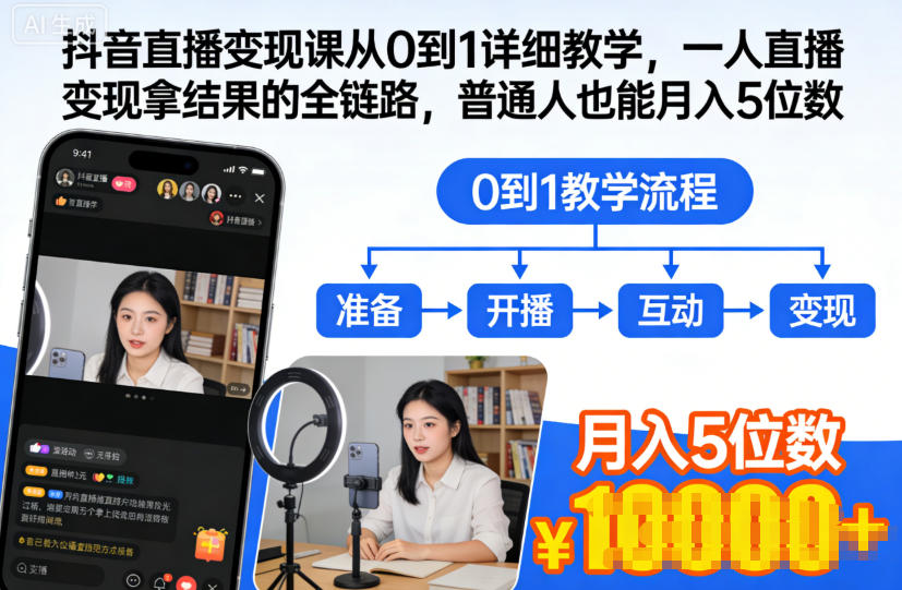 抖音直播变现课从0到1详细教学,一人直播变现拿结果的全链路,普通人也能月入5位数-网赚副业网