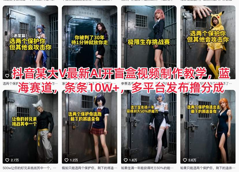 抖音某大V最新AI开盲盒视频制作教学,蓝海赛道,条条10W+,多平台发布撸分成-网赚副业网