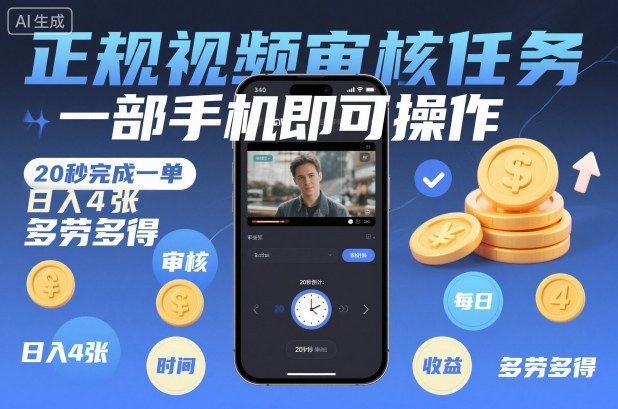 正规视频审核任务，一部手机即可操作，20秒完成一单，日入4张，多劳多得【揭秘】-网赚副业网
