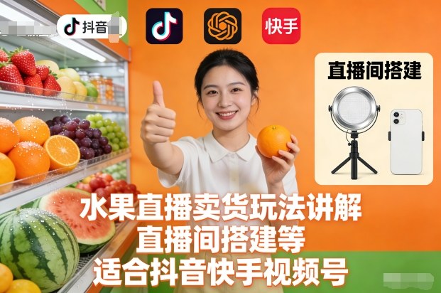 水果直播卖货玩法讲解、直播间搭建等,适合抖音快手视频号-网赚副业网