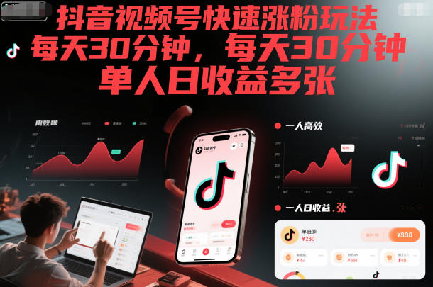 抖音视频号快速涨粉玩法，每天30分钟，单人日收益多张-网赚副业网