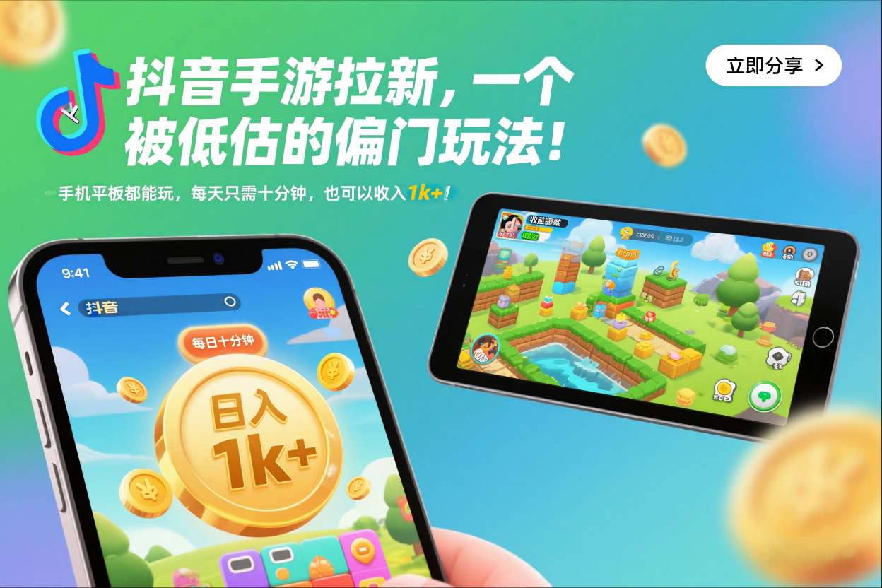 抖音手游拉新,一个被低估的偏门玩法!手机平板都能玩,每天只需十分钟,也可以收入1k+【揭秘】-网赚副业网