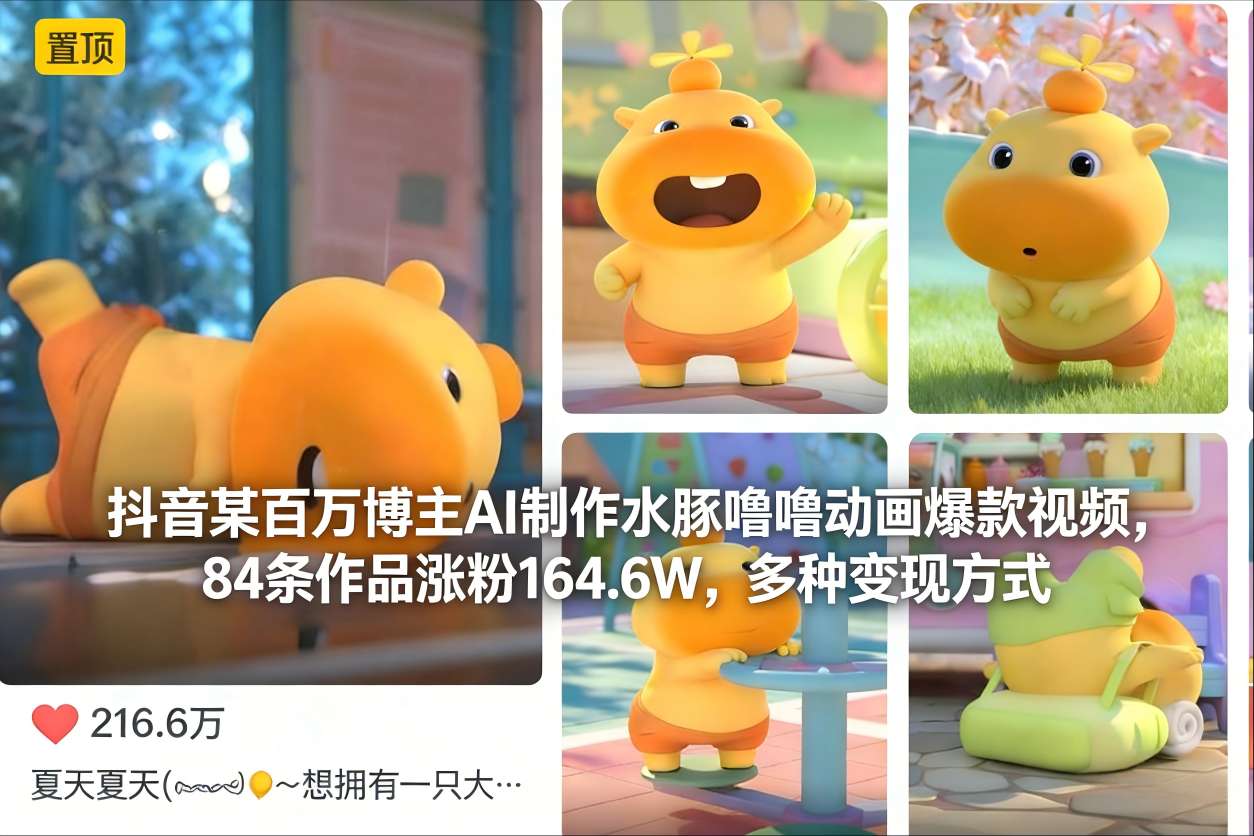 抖音某百万博主AI制作水豚噜噜动画爆款视频,84条作品涨粉164.6W,多种变现方式-网赚副业网