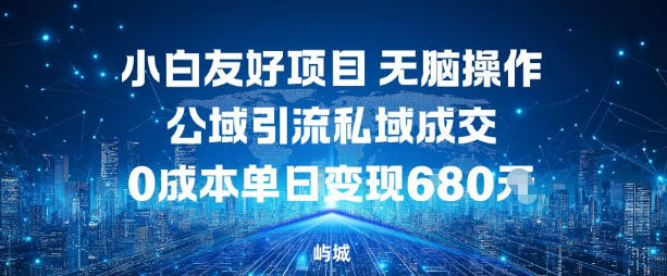小白友好项目，无脑操作，公域引流私域成交，0成本单日变现680米-网赚副业网