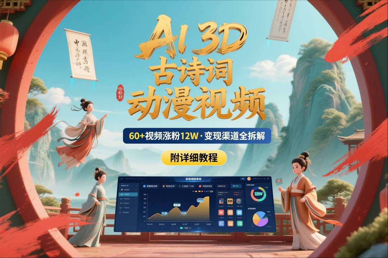 AI制作3D古诗词动漫视频,60多个视频涨粉12W,多个变现渠道拆解【附详细教程】-网赚副业网
