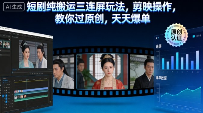 短剧纯搬运三连屏玩法,剪映操作,教你过原创,天天爆单-网赚副业网