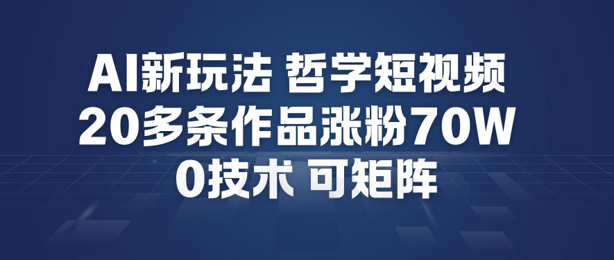 AI新玩法哲学短视频制作教学，20多条作品涨粉70W，0成本赛道，可矩阵-网赚副业网