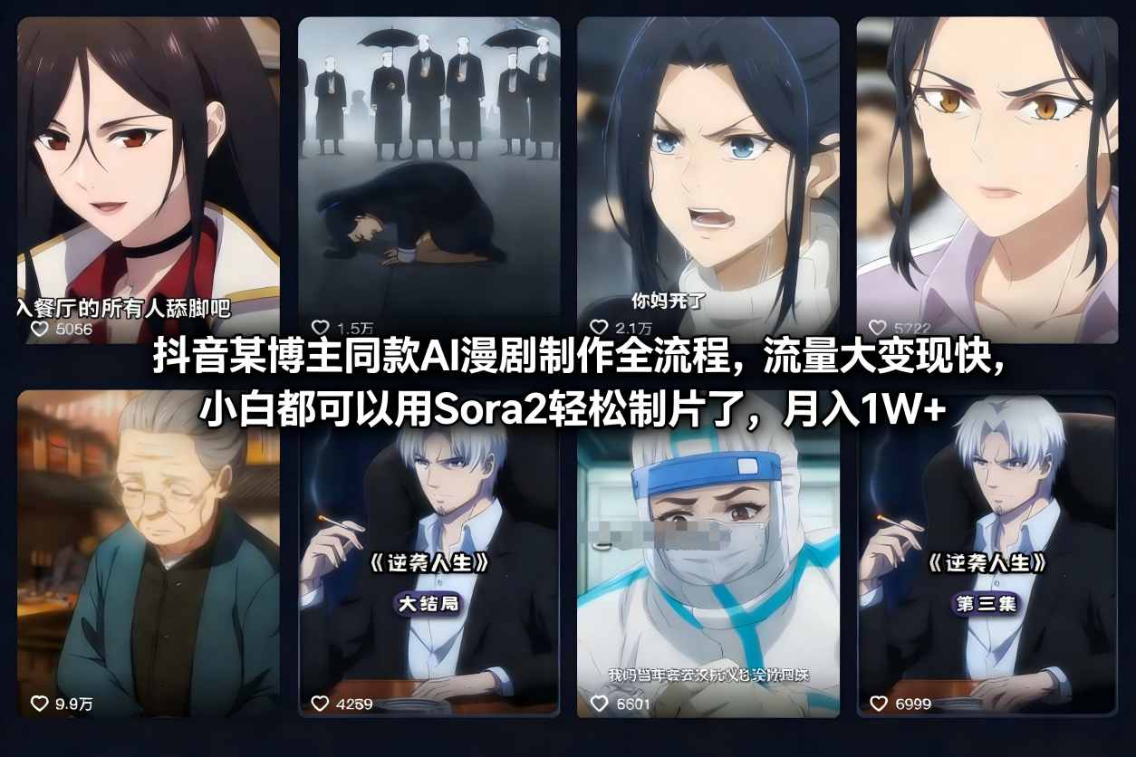 抖音某博主同款AI漫剧制作全流程,流量大变现快,小白都可以用Sora2轻松制片了,月入1W+-网赚副业网