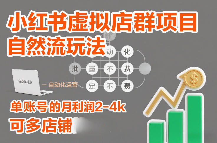 小红书虚拟店群项目，自然流玩法，批量自动化，稳定不费号，单账号的月利润2-4k，可多店矩阵-网赚副业网