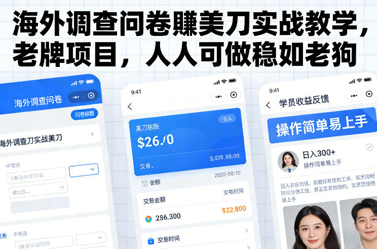 海外调查问卷賺美刀实战教学,老牌项目,人人可做稳如老狗-网赚副业网