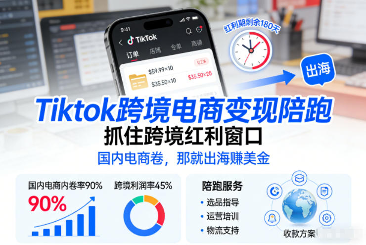 Tiktok跨境电商变现陪跑,抓住跨境红利窗口,国内电商卷,那就出海賺美金-网赚副业网