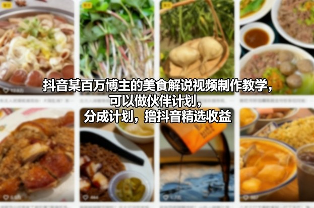 抖音某百万博主的美食解说视频制作教学,可以做伙伴计划,分成计划,撸抖音精选收益-网赚副业网