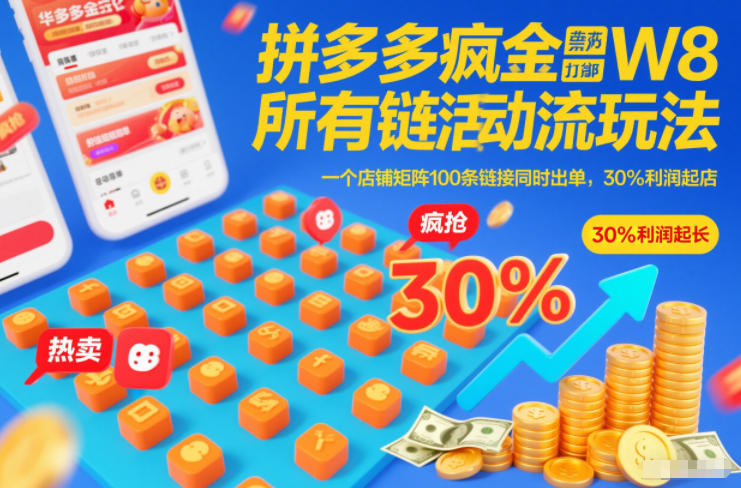 拼多多疯狂活动流玩法,所有链接全部打标,一个店铺矩阵100条链接同时出单,30%利润起店-网赚副业网
