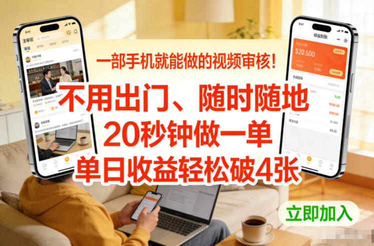 一部手机就能做的视频审核！不用出门，随时随地，20秒钟做一单，单日收益轻松破4张【揭秘】-网赚副业网
