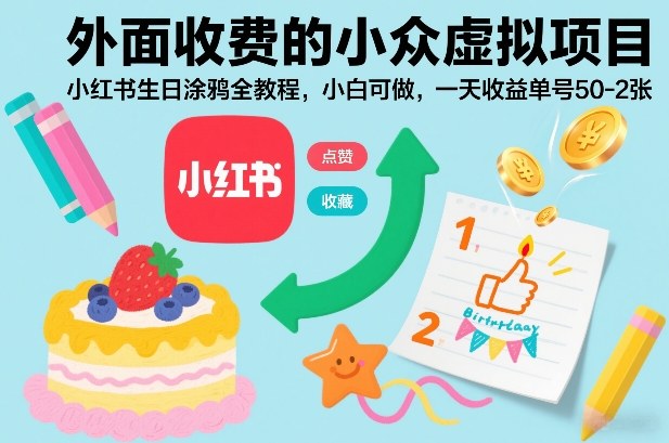 外面收费的小众虚拟项目,小红书生日涂鸦全教程,小白可做,一天收益单号50-2张-网赚副业网