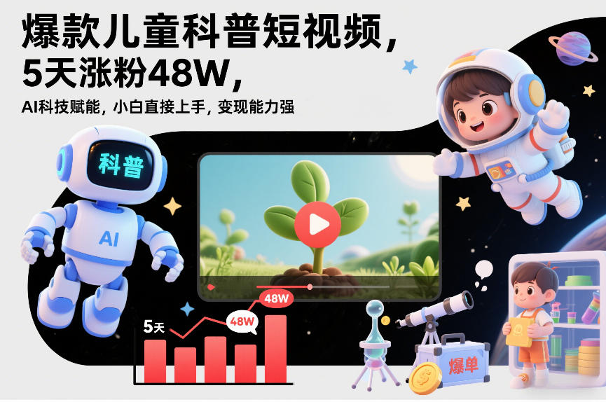 爆款儿童科普短视频,5天涨粉48W,AI科技赋能,小白直接上手,变现能力强,橱窗带货爆单不停-网赚副业网