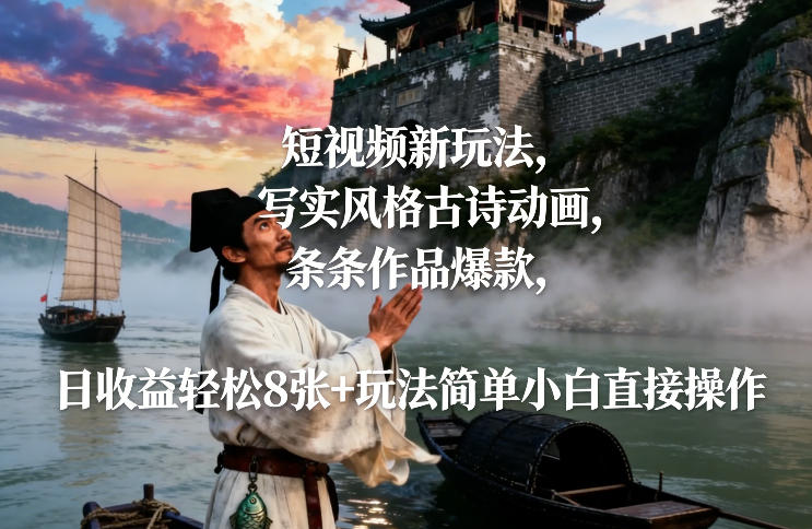 短视频新玩法,写实风格古诗动画,条条作品爆款,日收益轻松8张+玩法简单小白直接操作-网赚副业网