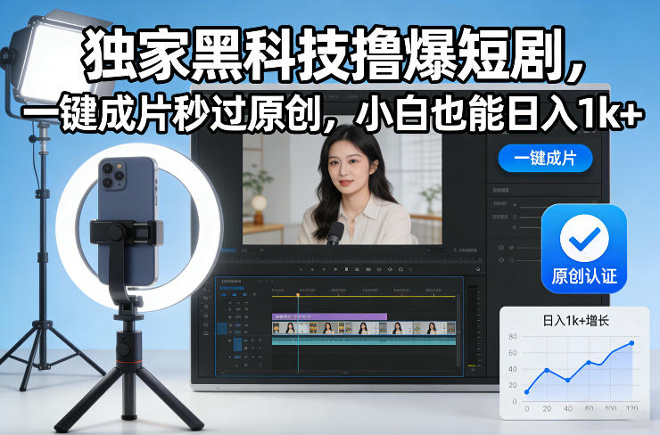 独家黑科技撸爆短剧，一键成片秒过原创，小白也能日入1k+【揭秘】-网赚副业网