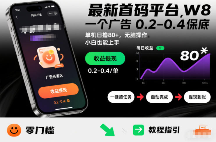 最新首码平台,一个广告 0.2-0.4 保底,单机日撸80+,可矩阵无脑操作,小白也能上手【揭秘】-网赚副业网