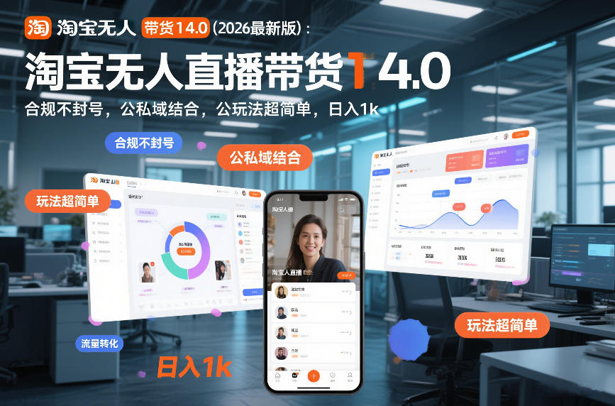 淘宝无人直播带货14.0(2026最新版):合规不封号,公私域结合,玩法超简单,日入1k+【揭秘】-网赚副业网