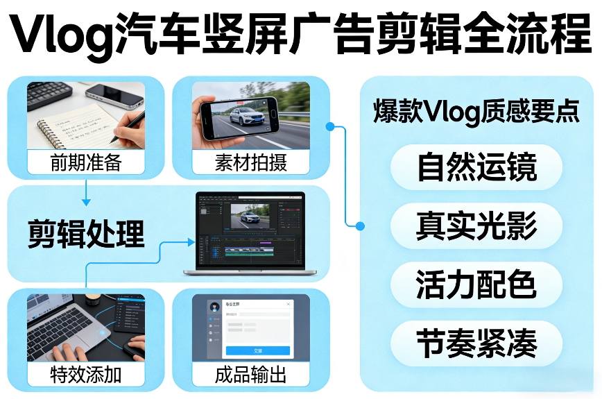 Vlog感觉汽车竖屏广告剪辑脚本全流程，拿捏爆款Vlog质感-网赚副业网