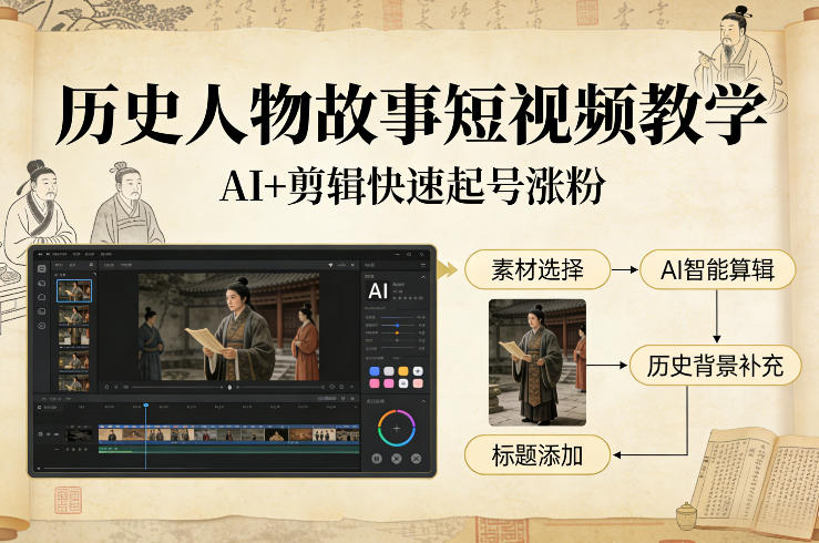 历史人物故事短视频教学,AI+剪辑制作历史人物题材短视频,快速起号涨粉-网赚副业网