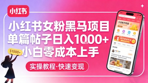 小红书女粉黑马项目,单篇帖子日入1k+,小白零成本上手-网赚副业网