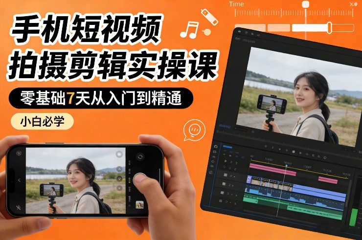 手机短视频拍摄剪辑实操课，零基础7天从入门到精通，小白必学-网赚副业网