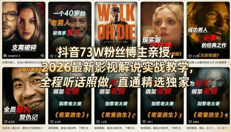 抖音73W粉丝博主亲授,2026最新影视解说实战教学,全程听话照做,直通精选独家-网赚副业网